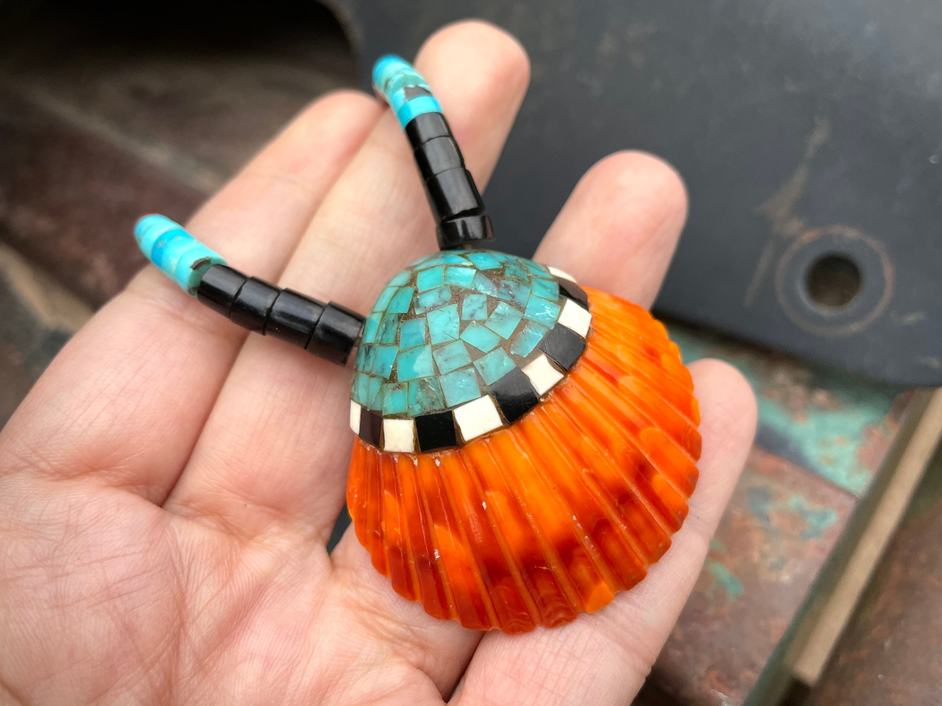 Antique Santo Domingo Turquoise Inlay on Orange Spiny Oyster Shell