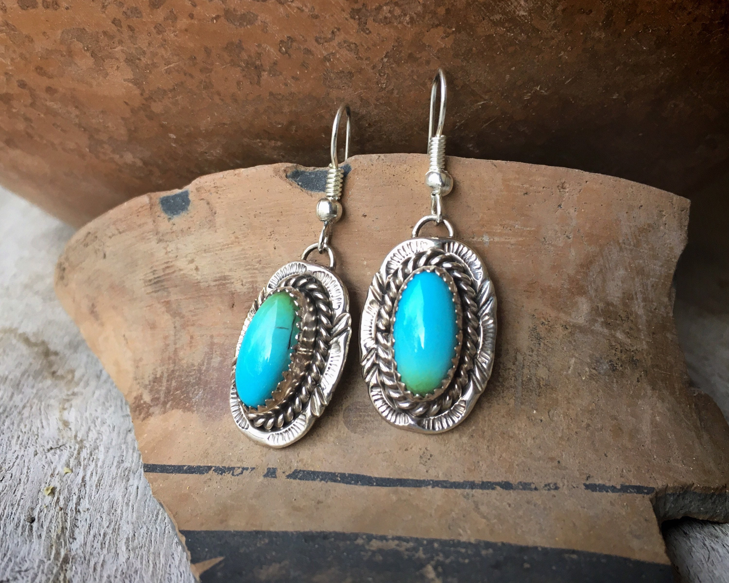 Small Turquoise Dangle Earrings For Women Navajo Sterling Silver