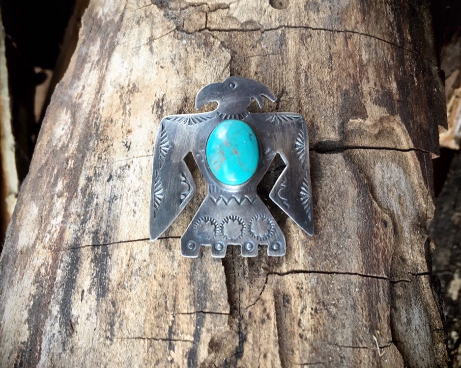 Vintage Thunderbird Turquoise Brooch Pin for Woman, Stamped