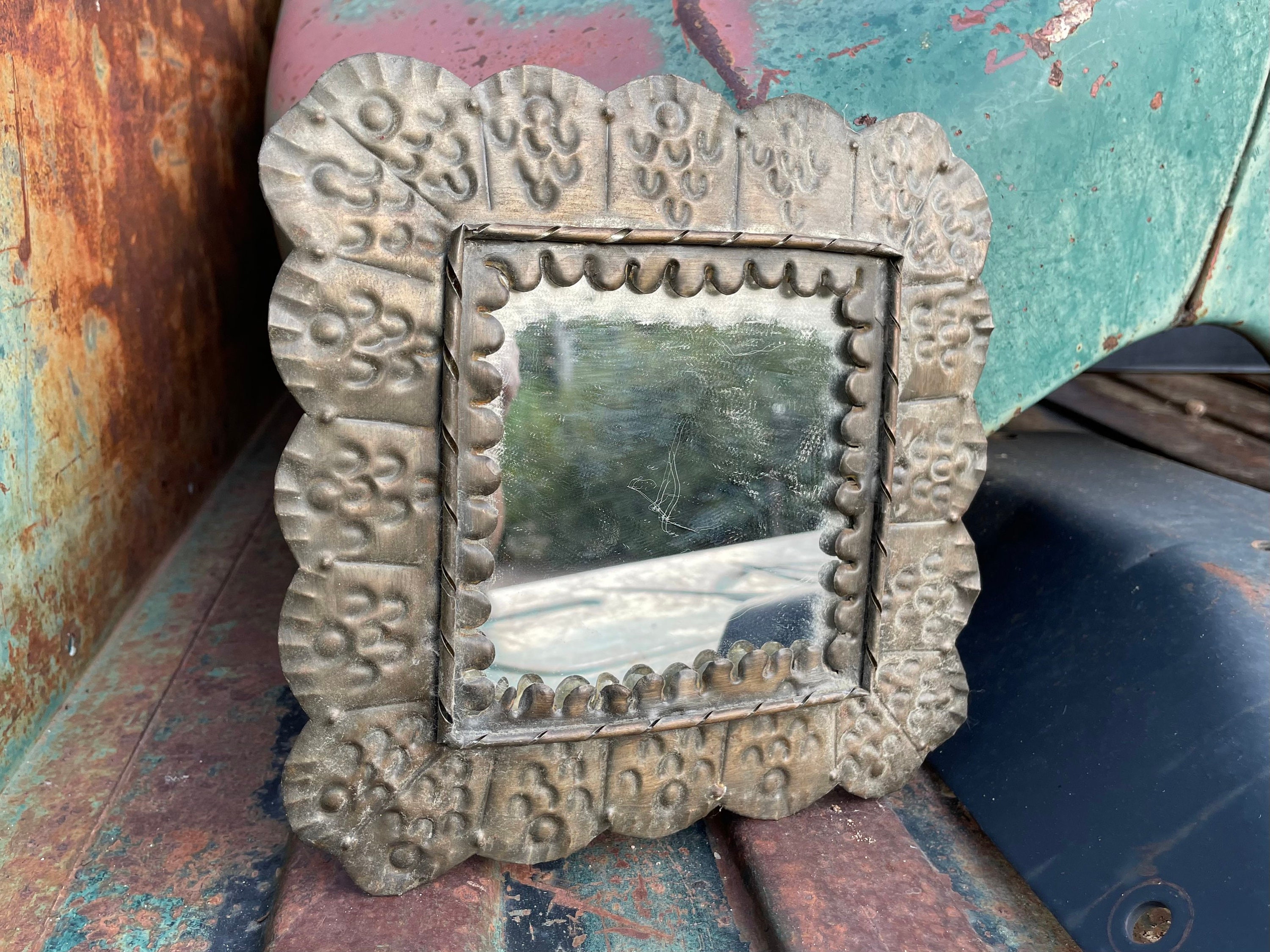 Small Mexican Tin Frame with Mirror for Wall, Mexican Home Decor, Altar