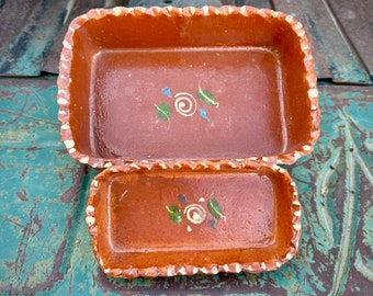 Two Old Tlaquepaque Mexican Pottery Rectangular Dishes (Crazed Crack on Back), Rustic Southwestern Farmhouse Decor, Decorative Trays