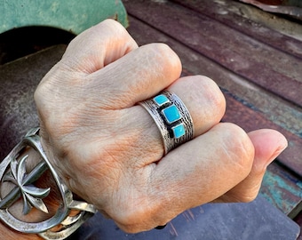 Vintage Textured Sterling Silver Band with Three Turquoise Stones Approx Size 7.5, Navajo Ring