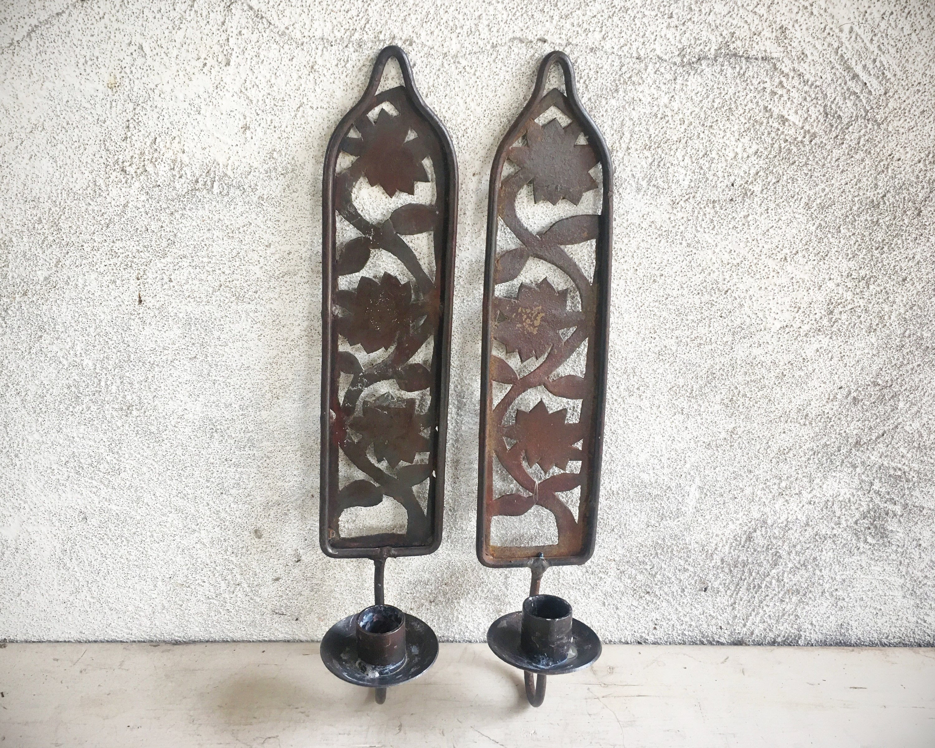 Pair of Wall Mounted Small Metal Candlestick Holders, Rustic Sconces