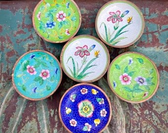 Six Vintage Miniature Chinese Cloisonne Plates Different Colors with Floral Design, Ring Dishes