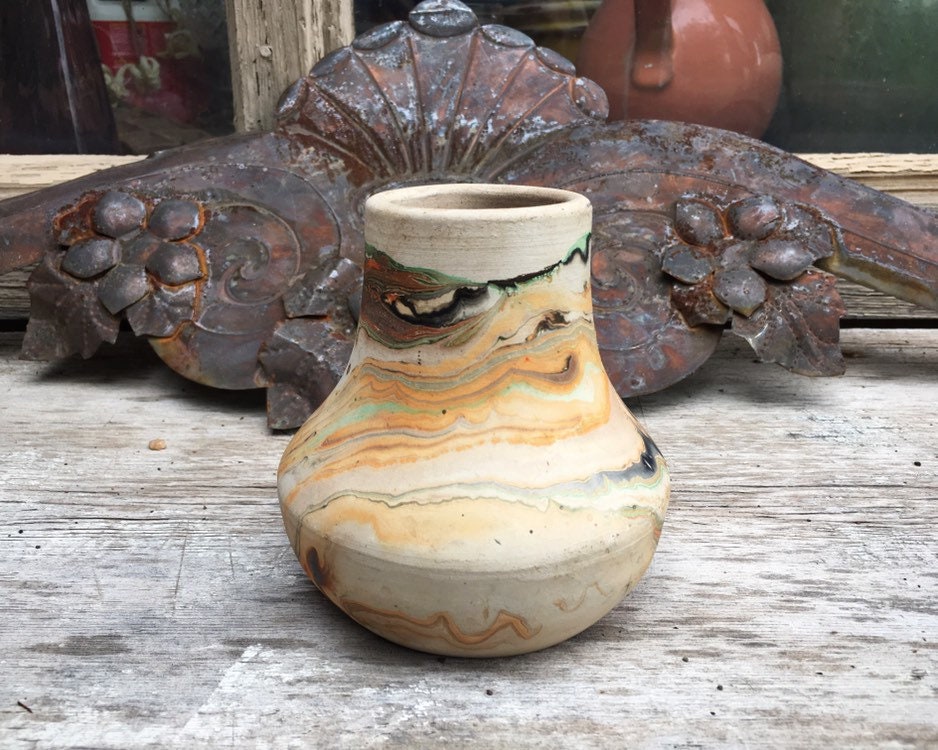 Vintage Nemadji Pottery Clay Vase in Orange and Black Swirl, Mid