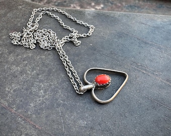 Vintage Dainty Silver Wire Heart w/ Coral Dot Pendant Necklace Approx 17.5", Catholic Gift