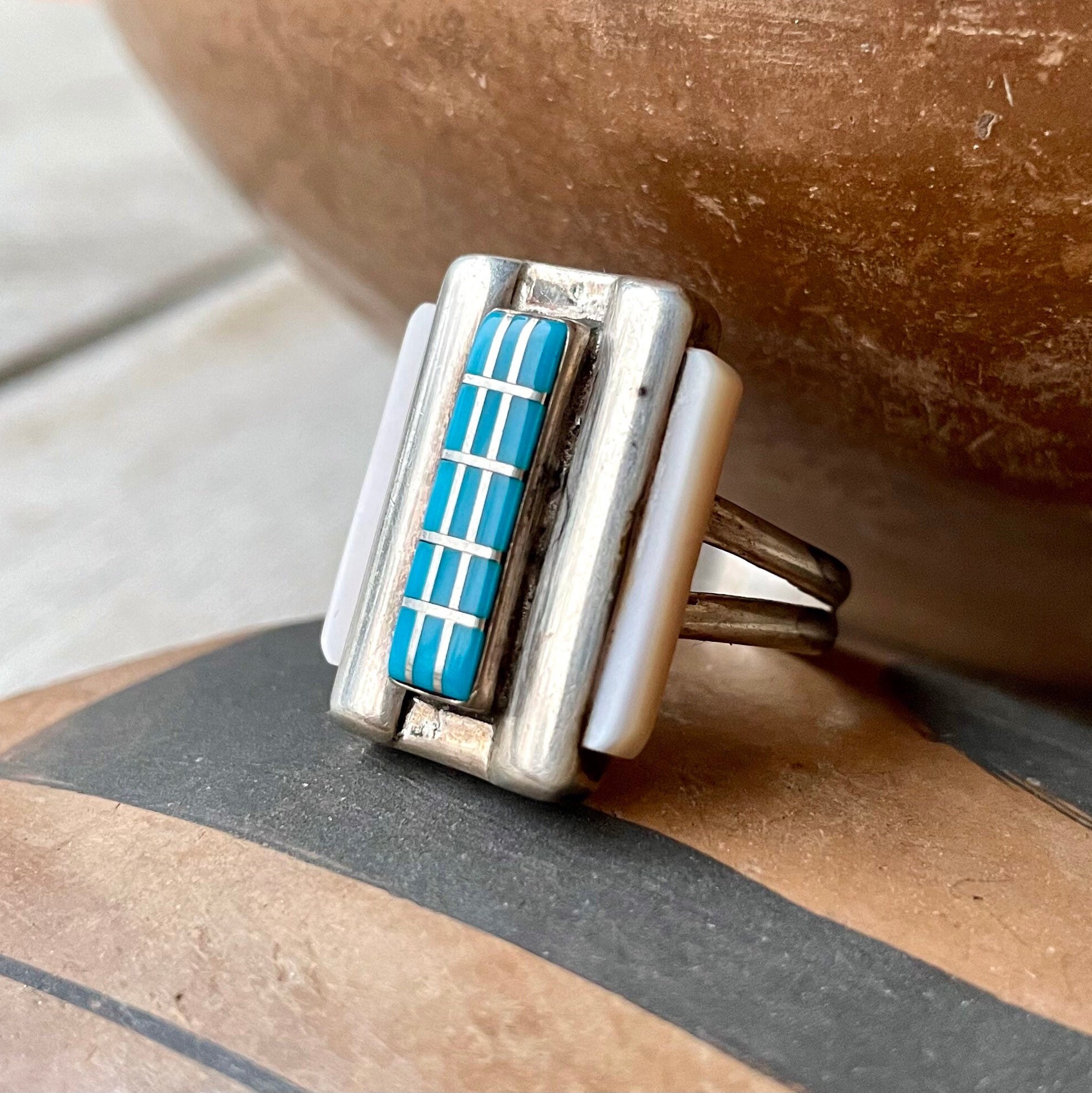 Intricate Vintage Native American Zuni Turquoise Sterling Silver Channel Earrings Intricate Vintage Native American Zuni Turquoise Sterling Silver Channel Earrings