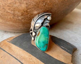 Vintage Navajo Ring Approx Size 5.5 Natural Turquoise Silver Feather, Vintage Native American Indian Jewelry for Women, Old Pawn, Gift Wife