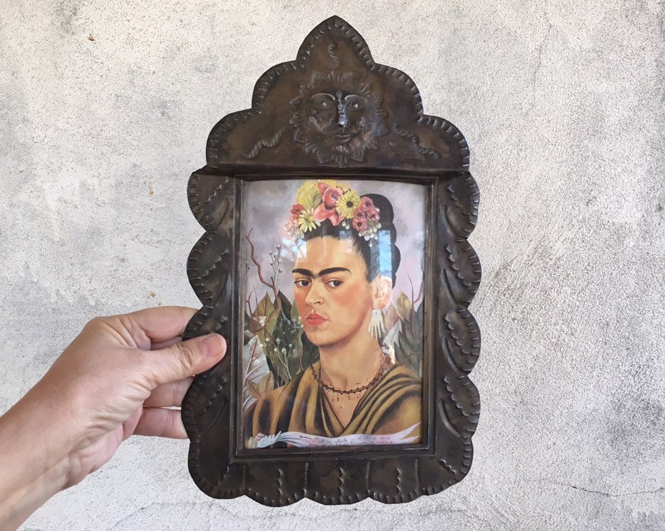 Vintage Mexican Tin Picture Frame with Frida Kahlo Book Print Wall
