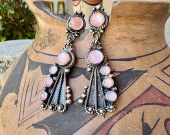 Pink Mother of Pearl Silver Dangle Earrings by Navajo Devon Brown, Native American Jewelry