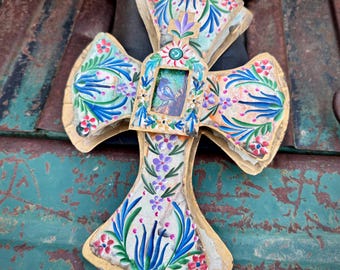 Painted Mexican Tin Cross Shrine Wall Hanging 9 X 12 with Bird Print, Vintage Religious Art