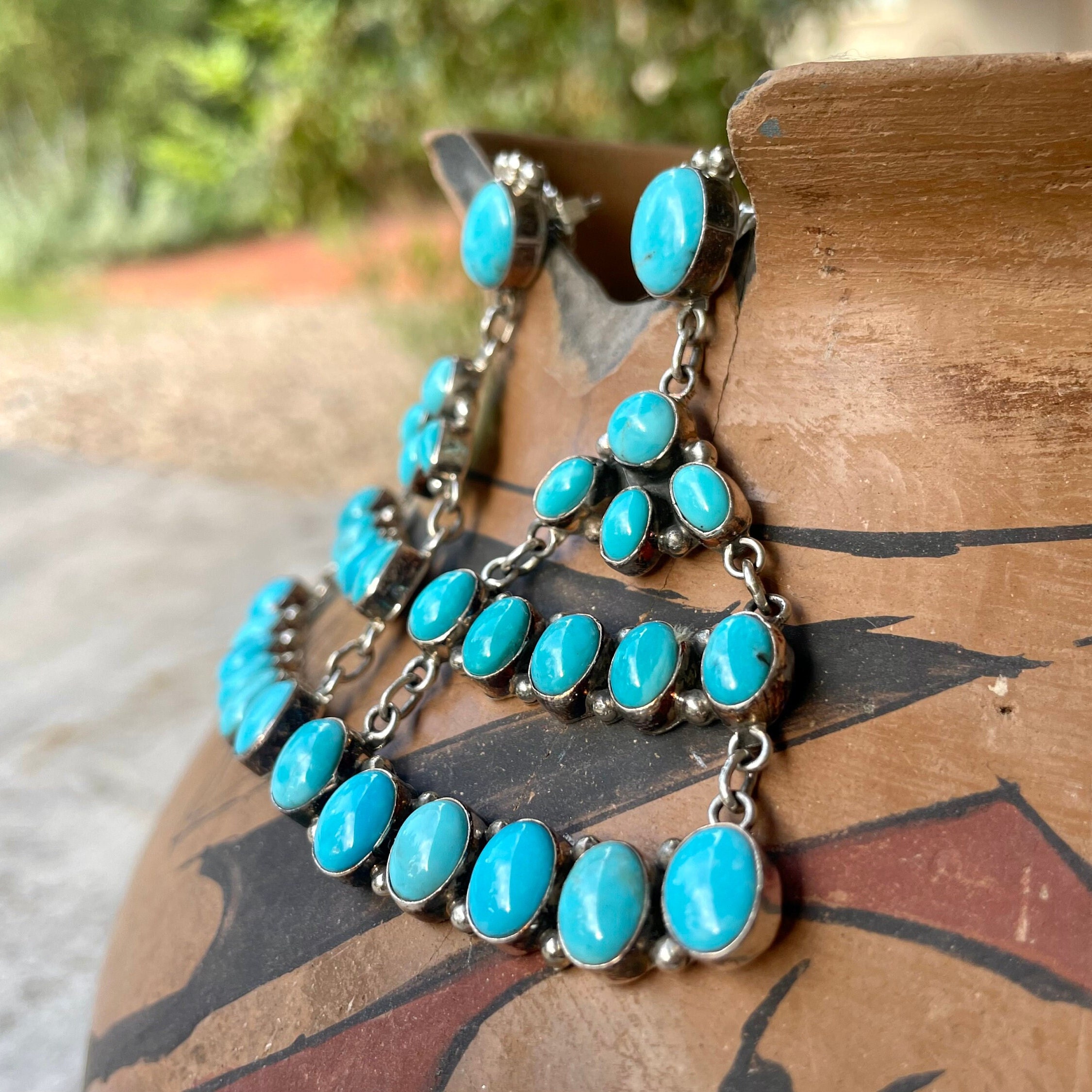 Vintage Turquoise Cluster Chandelier Earrings Large in Size and
