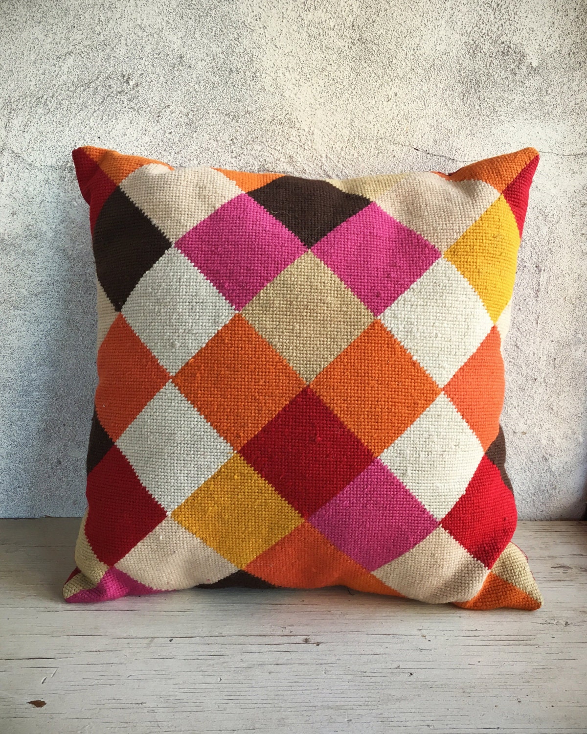 Midcentury modern MOD throw pillow 16 x 16 geometric needlepoint pillow