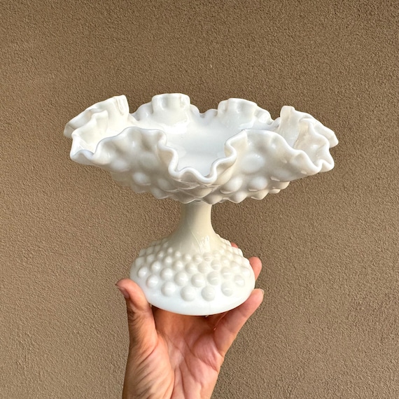 Vintage Fenton Hobnail Milk Glass Compote With Ruffled Rim