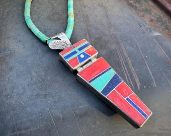 Vintage Inlay Kachina Pendant Red Coral Turquoise Multi-Stone on Heishi Necklace 18"