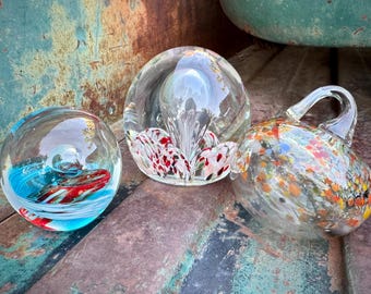 Three Vintage Art Glass Orbs Different Shapes All Smallish, Office Decor Desk Decoration