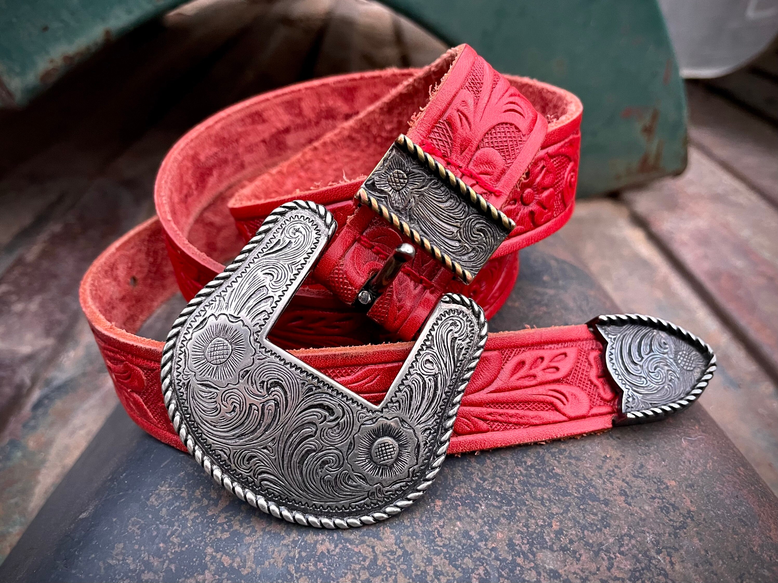 1980s Liz Claiborne Red Tooled Leather Belt with Western Style Silver ...