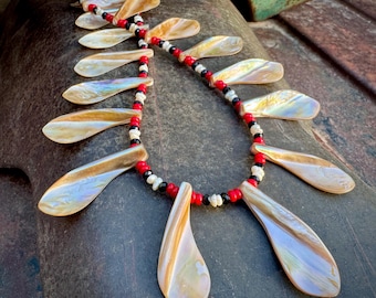 Vintage Abalone Shell Tabs Beaded Necklace Approx 20", Bohemian Hippie Southwestern Jewelry
