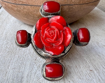 Huge Carved Red Rose Tibetan Ring (Adj Size), Possibly Faux Cinnabar, Tribal Silver Repousse