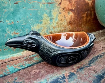 Vintage Boma Canada Raven Bowl Ashtray of Carved Resin, Haida First Nations Tribal Art