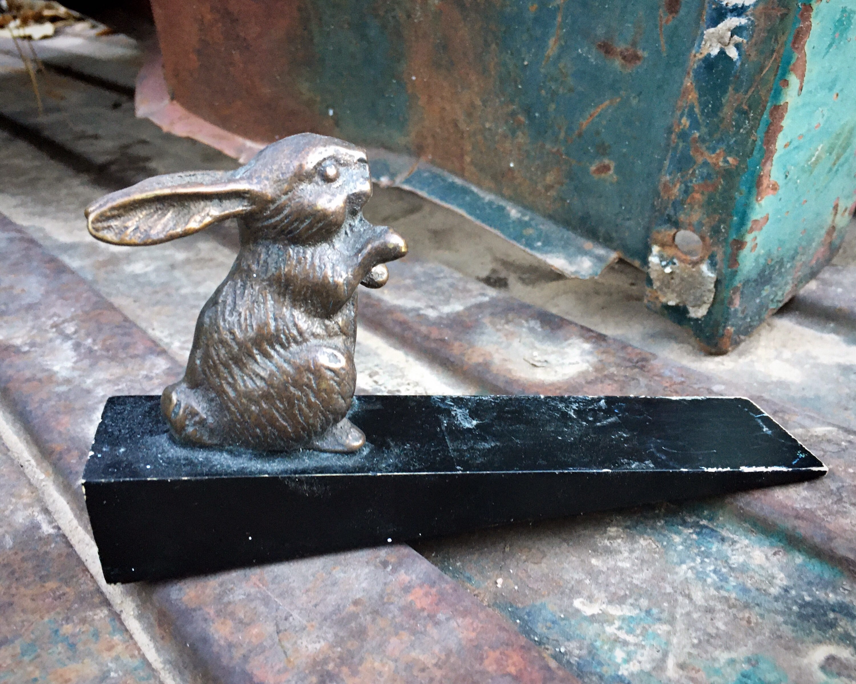 Vintage Solid Brass Bunny on Wood Wedge Door Stop, Farmhouse Decor