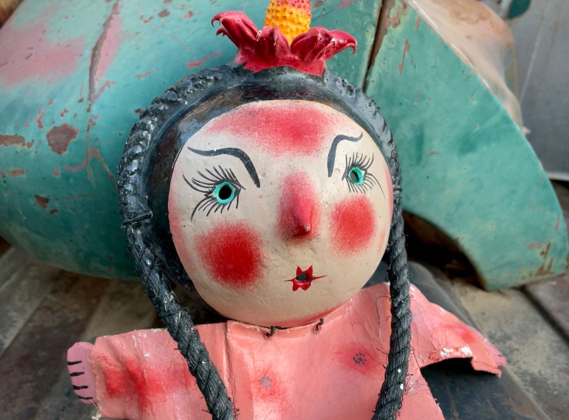 Vintage Mexican Folk Art Mermaid Coconut Shell Wall Hanging with Canvas