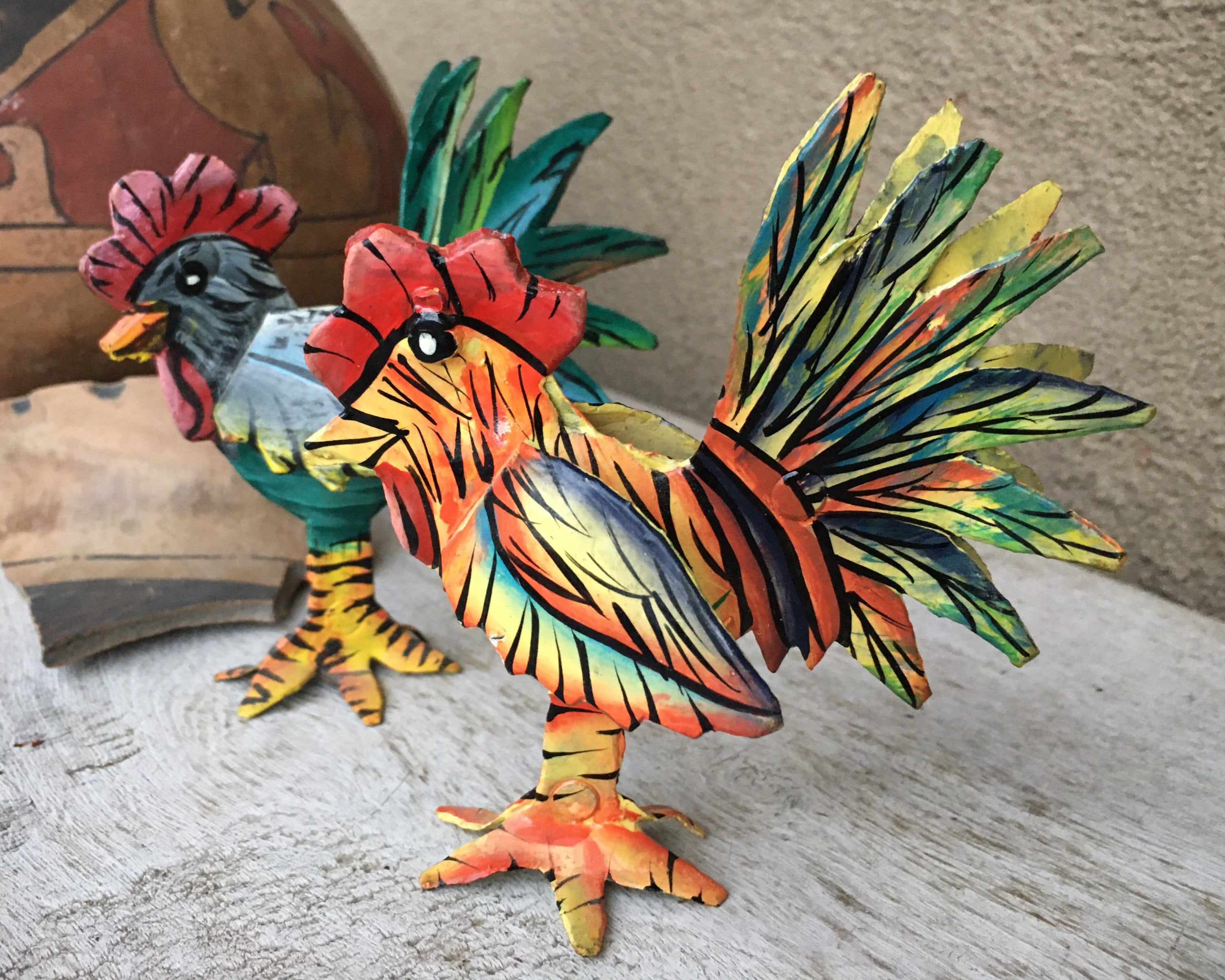 Small Metal Roosters Painted in Bright Colors, Gifts for Friend, Folk