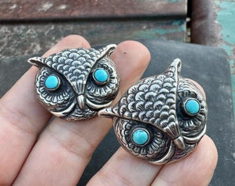 Federico Jimenez Owl Post Earrings Sterling Silver Turquoise Eyes, Medium Large Size