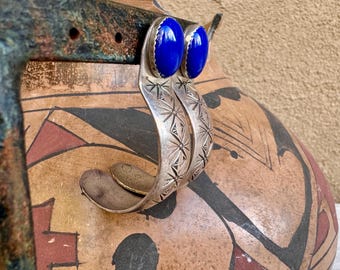 Vintage Lapis Lazuli Earrings in Half Hoop Style, Native American Hoop Earrings