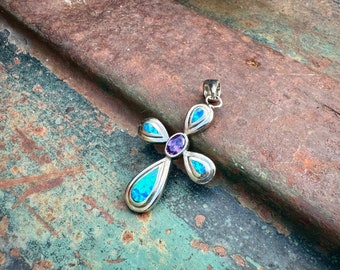 Vintage Sterling Silver Manmade Opal and Amethyst Cross Pendant Medium-Small Size No Chain