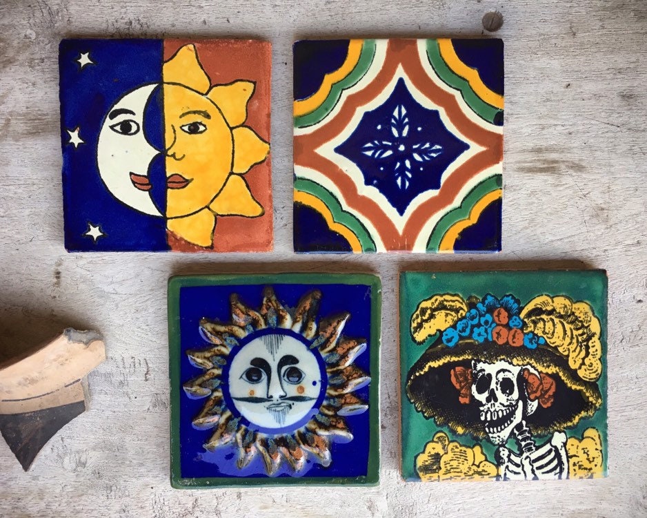 Four Vintage Mexican Ceramic Tiles, Rustic Home Decor, Southwestern