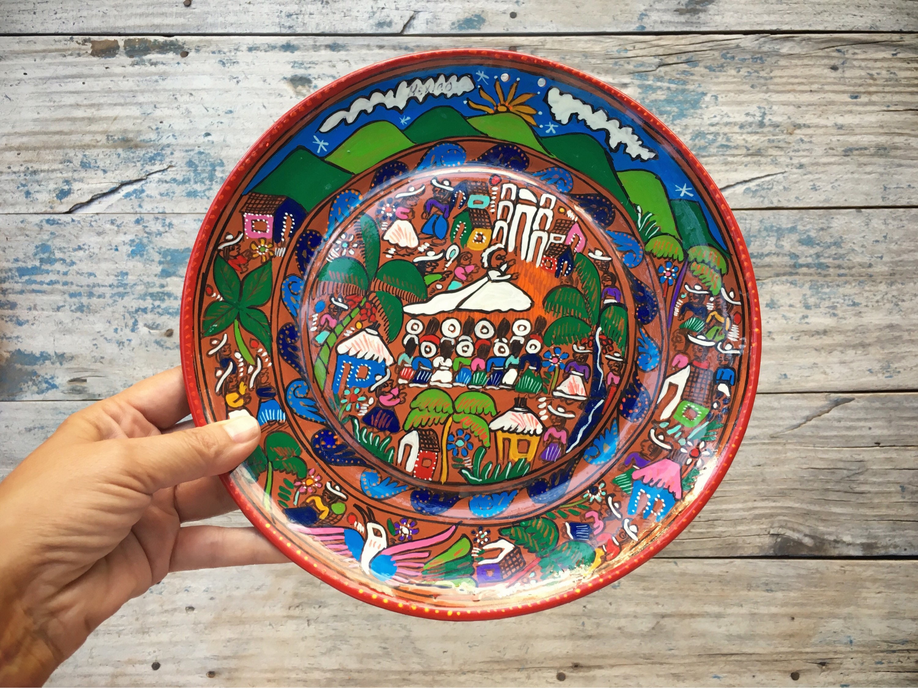 Vintage 10 ceramic plate Mexican pottery folk art of wedding