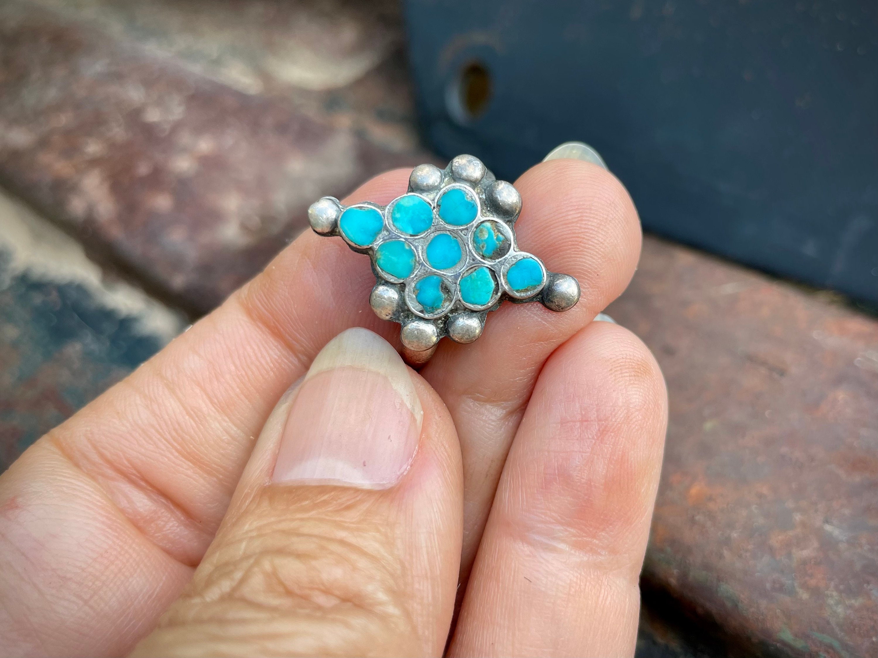 Native American Jewelry Important Dishta Style Turquoise Sterling Silver Flower Ring Old Native American Jewelry Important Dishta Style Turquoise Sterling Silver Flower Ring Old