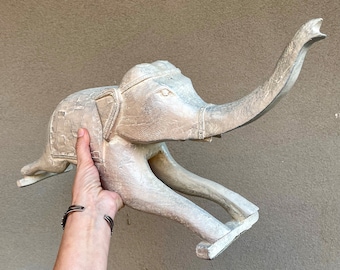 Vintage Heavy Carved Wood Elephant Architectural Salvage Statue, 18", Bohemian Decor