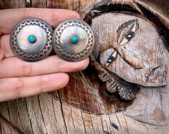 Sterling Silver Turquoise Post Earrings 1.375" Round, Tia & Parker Hayes