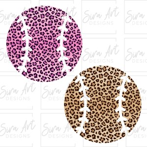 May include: Two baseballs featuring a leopard print pattern. One is pink with dark pink spots, the other is brown with dark brown spots. Both have white stitching.