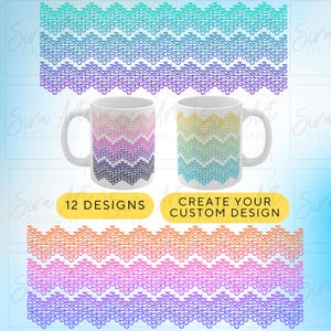 Puede incluir: Dos tazas de cerámica blanca con un patrón en zigzag colorido, junto con tres diseños en zigzag degradados. Las tazas presentan el texto "12 DESIGNS" y "CREATE YOUR CUSTOM DESIGN". El tema general es un concepto de diseño.