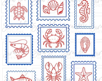 Coastal Summer Stamps PNG: Nautical Fisherman, Lobster Design (Digital Download)