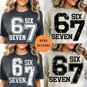Könnte beinhalten: Eine Collage von vier T-Shirts und Sweatshirts. Jedes Kleidungsstück zeigt die Zahl "67" mit dem Wort "SIX" darüber und "SEVEN" darunter. Der Text ist in einem kräftigen College-Stil gehalten. Die Shirts sind in Dunkelgrau und Beige.