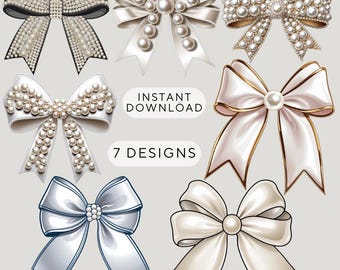White Pearl Bows Clipart Bundle, Beige Coquette Bow Png, Ribbon with Pearls Design Set