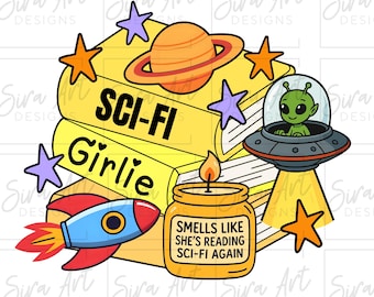 Sci-Fi Girlie-boekenstapel PNG, Escaping Reality Book Lover-clipart, sciencefiction schoolse ontwerp
