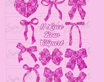 Pink Lace Bows Clipart Bundle, Girly Floral Ribbon PNG Set (Digital Download)