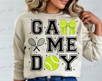 Tennis Game Day PNG, Sports Coquette Bow Sublimation Design