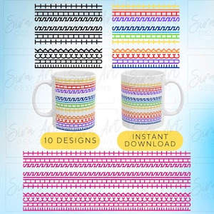 Op de afbeelding: Een witte keramische mok met een regenboogpatroon van geometrische ontwerpen. De afbeelding toont ook 10 ontwerpen en de woorden "INSTANT DOWNLOAD" in een gele ovaal.