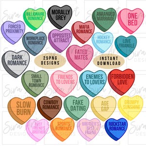 Book Tropes PNG-bundel, Candy Hearts-clipart, leesgrage romantiek girlie, Spicy Books Reader-ontwerp