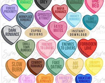 Book Tropes PNG Bundle, Candy Hearts Clipart, Bookish Romance Girlie, Spicy Books Reader Design