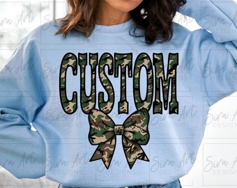 Personalized Camo Name PNG, Custom Camouflage Text, Coquette Bow Design, Personalised Word Mascot