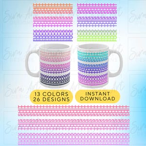 May include: White ceramic mugs with colorful geometric designs. The image shows two mugs with different gradient patterns, along with examples of the designs in various colors. Text on the image reads "13 Colors 26 Designs" and "Instant Download."
