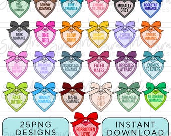Pacote de imagens PNG de pingentes em forma de coração inspirados em clichês literários, clipart de romance literário, design para leitores de livros picantes.