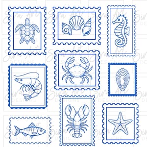May include: A collection of blue and white postage stamp designs featuring various sea creatures. The stamps include illustrations of a turtle, seashells, a seahorse, a shrimp, a crab, an oyster, a fish, a lobster, and a starfish.